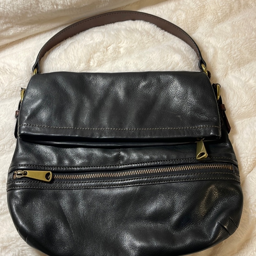 Fossil bag - black leather, brass zippers